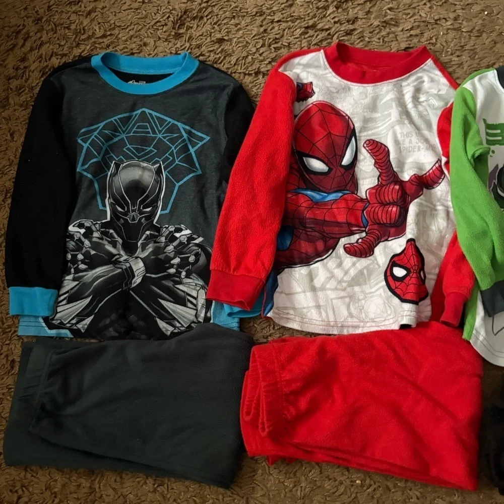 Kids Superhero Pajama Set Bundle Lot Sz 4/5 Spiderman Black Panther Buzz
